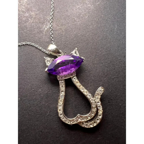 Amethyst white topaz Rhodium Over Silver Cat Pendant Chain 3.40ctw - Picture 1 of 11